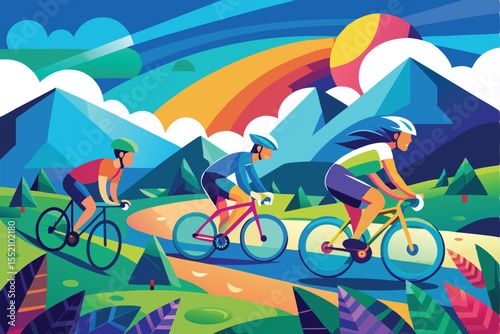 Cyclists navigate a colorful mountain path during a vibrant sunset ride in a serene landscape filled with lush greenery and rolling hills