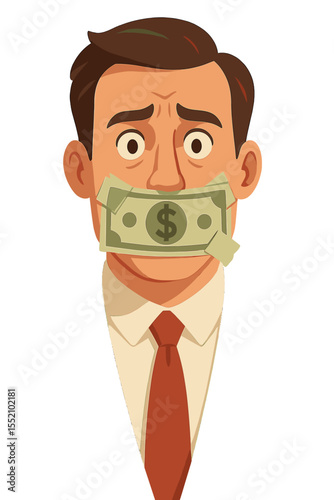 Businessman gagged with a dollar banknote. Conceptual illustration of corruption, bribery, and hush money. Man silenced by cash, metaphor for lobbying and financial censorship.