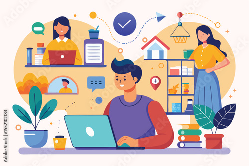 Illustration of telecommuting as a modern work practice showing a diverse home office environment with individuals engaging in virtual collaboration