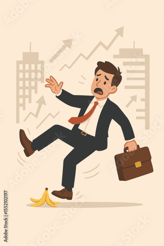 Business failure concept. Cartoon businessman character slipping on a banana peel. Metaphor for corporate risk, financial crisis, accident, danger, mistake and career setback.
