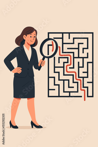 Businesswoman in Suit Analyzing Maze with Magnifying Glass. Strategy Solution, Corporate Problem Solving, Decision Making, Leadership, Challenge Navigation, Success Concept Vector Illustration