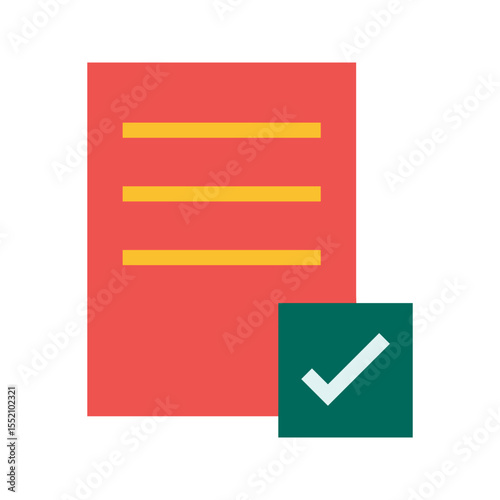 Illustration of a red document with three yellow lines and a green square with a white checkmark