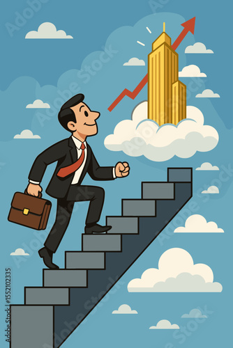 Ambitious businessman climbing stairs to financial success, corporate growth, career advancement, reaching goals, upward progress, cartoon vector, business opportunity, achievement concept