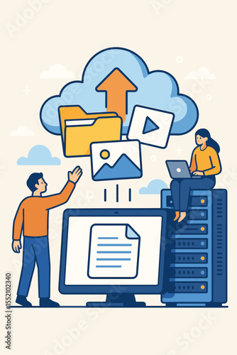 Cloud computing technology, digital file management, hosting service concept. People uploading files, folders, images, videos to cloud storage. Server, network data transfer vector illustration