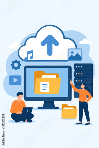 Cloud computing data management, digital file storage and sharing, online backup, network hosting, cartoon illustration with people, server technology, cloud upload, media files, teamwork concept