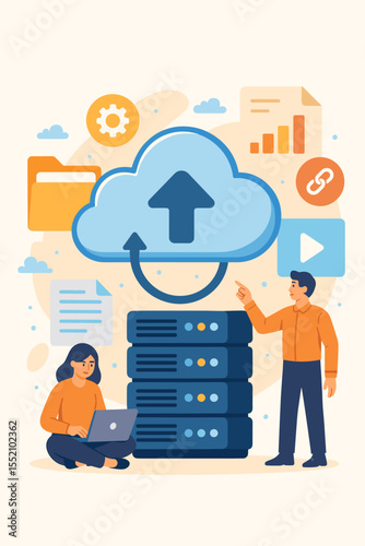 Cloud computing vector illustration. Data storage, file upload, digital management, network server technology, secure online service, teamwork, backup, document sharing, cartoon concept
