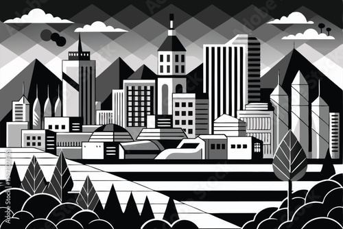 Black and white city landscape featuring geometric patterns with city blocks, mountains, and clouds illuminated by daylight reflecting modern architecture
