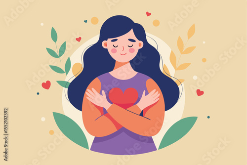 Woman embracing herself to symbolize self love and acceptance surrounded by nature and hearts in a warm, calming setting