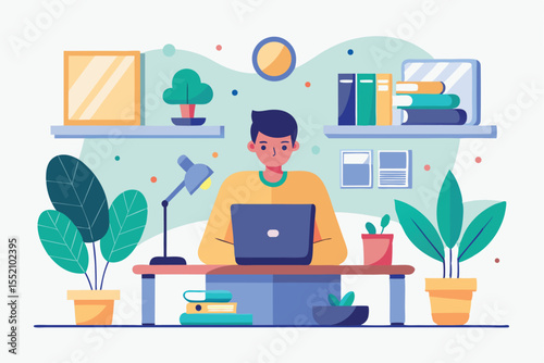 Vector illustration showcasing a modern workplace environment featuring a young professional engaged in work at a desk with plants and organized supplies