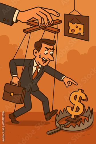 Businessman Manipulated as Puppet, Corporate Greed Lure, Money Trap, Bribery, Corruption, Deception, Risk, Control, Unethical Practices, Vector Cartoon Concept, Financial Danger Illustration