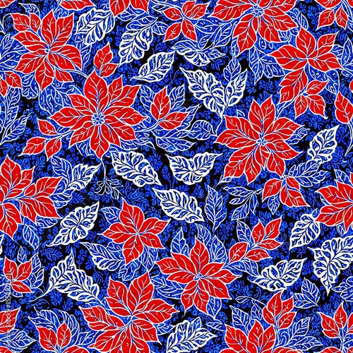 Vibrant floral batik fabric with red flowers and blue leaves, textile design