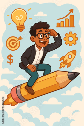 Visionary entrepreneur riding pencil rocket, exploring innovation and business growth, startup creativity, success concept, leadership, idea generation, cartoon vector illustration