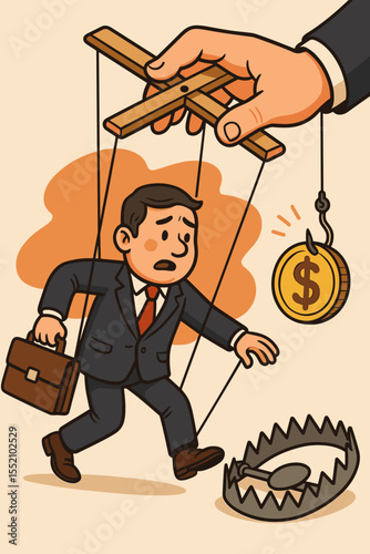 Manipulated Businessman as Corporate Puppet Chasing Money Bait into Trap, Unethical Business Control, Greed, Deception, Corruption, Vector Cartoon, Corporate Power, Financial Risk Concept Illustration