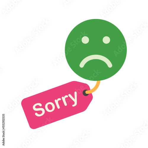 A green sad face emoji with two white eyes and a white sad mouth attached to a pink sorry tag