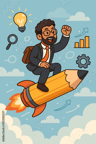 Ambitious businessman in suit flying on rocket pencil symbolizing creativity, innovation, business growth, success, new ideas, leadership, and entrepreneurship in dynamic vector cartoon illustration