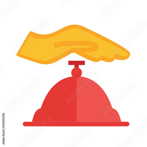 A flat vector illustration of a yellow hand pressing a red service bell with a simple design style