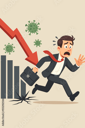 Businessman Running Away from Economic Recession During COVID-19 Pandemic, Downtrend Arrow, Falling Stock Market, Financial Crisis Cartoon, Virus Impact, Stress, Panic, Business Failure Concept