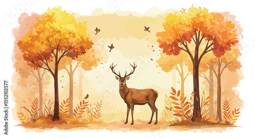 Majestic deer in colorful autumn forest with falling leaves design for wall art vector illustration