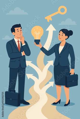 Business Decision Making Concept with Businesspeople Choosing Optimal Path, Innovation, Idea Lightbulb, Success Key, Career Growth, Strategy, Opportunities, Direction, Vector Illustration