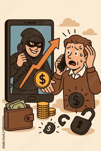 Phone scam fraud concept, financial crime and online theft, nervous victim receiving fake investment call from anonymous criminal, stealing money, security breach, cartoon vector illustration