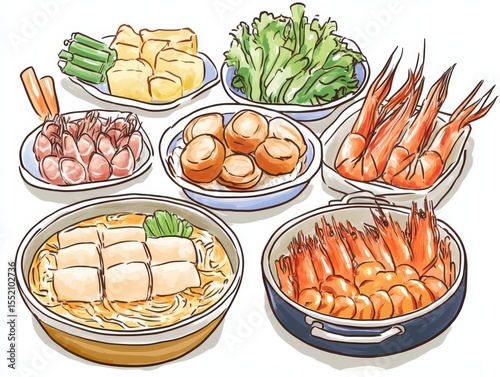 Colorful seafood hotpot with fresh shrimp and assorted sides.