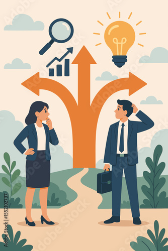 Business decision making concept, entrepreneurs facing multiple choices, career path selection, opportunity analysis, strategy planning, growth options, creative brainstorming vector illustration