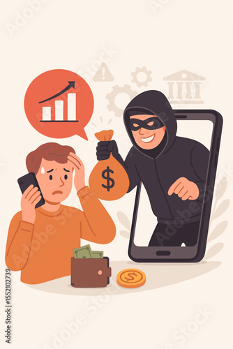 Phone Scam Fraud Vector Illustration. Financial Crime, Investment Scam, Online Thief Stealing Money Through Mobile, Victim Deceived by Fake Offer, Cybersecurity Risk, Banking Security Concept
