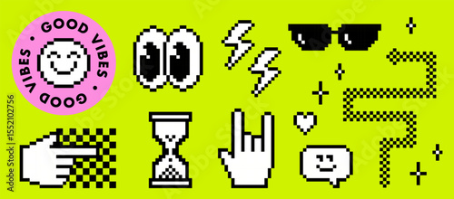 Pixel 8 bit style emoticon collection on lime green background. Round sticker with smile, hourglass, lightning flash, rock hand, wide googly eyes, cool black sunglasses, smiling speech bubble, snake