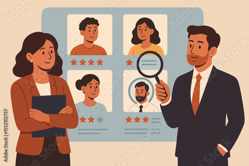 HR managers recruitment process choosing best candidate for job. Human resource management, interview evaluation. Business team selection, CV resume review, hiring concept vector illustration