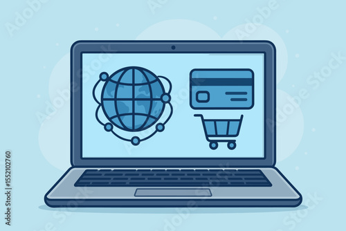 Online shopping concept with laptop, global network, credit card, and shopping cart icons. Digital payment, e-commerce security, global marketplace, technology transaction, internet retail vector