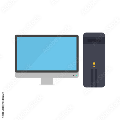Illustration of a desktop computer with a blue screen and a tower on a white background