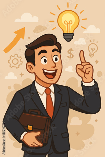 Businessman having eureka moment with light bulb. Creative idea, innovation, brainstorming, leadership, success, growth. Vector cartoon. Business strategy, solution, finance, achievement concept