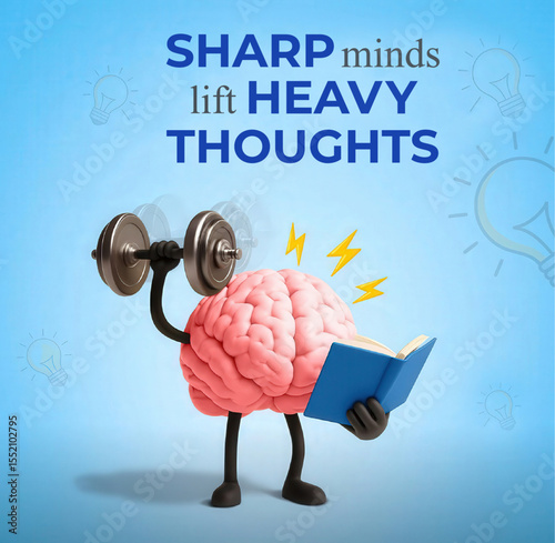 Sharp Brain Lifting Weights While Reading – Concept of Mental Strength and Knowledge Power