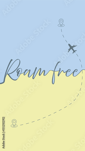 Minimal travel vector illustration with plane, map pointers and hand lettering 