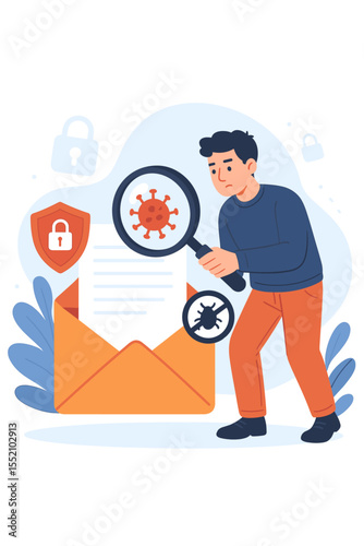 Male character scanning email for virus threat with magnifying glass, cybersecurity breach detection, malware, phishing, computer bug protection, online safety, internet security concept vector