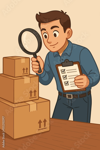 Quality control inspector examining stacked shipping boxes with magnifying glass and checklist. Product inspection, supply chain management, warehouse audit, logistic process vector illustration