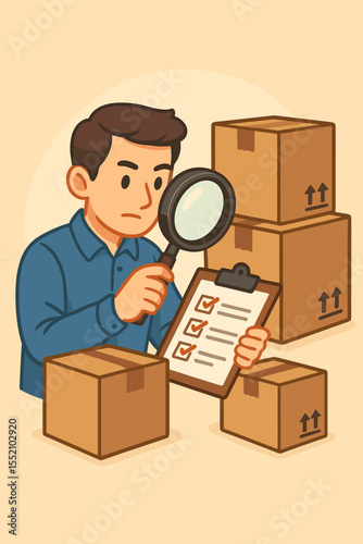 Quality control inspector examining cardboard boxes with magnifying glass and checklist. Product inspection process, warehouse management, shipping logistics, delivery, inventory verification concept