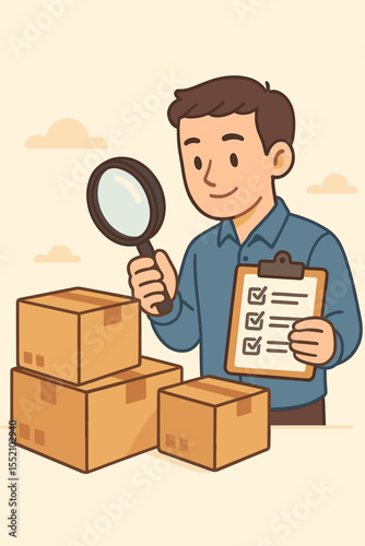 Cartoon vector illustration of quality control inspector checking cardboard boxes with magnifying glass and checklist. Product inspection, warehouse audit, shipping, logistics management concept