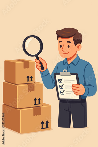 Quality control inspector concept. Man with magnifying glass and clipboard checklist inspects boxes. Warehouse worker doing inventory audit and product verification for shipping.
