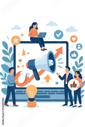 Digital marketing strategy brand awareness company reputation. Social media promotion, audience engagement, online advertising, teamwork, laptop, megaphone, business growth concept illustration.