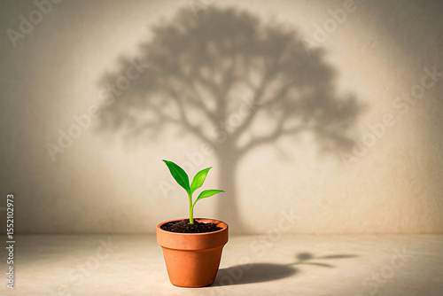 Small Plant in Pot Casting Large Tree Shadow - Growth and Potential Concept