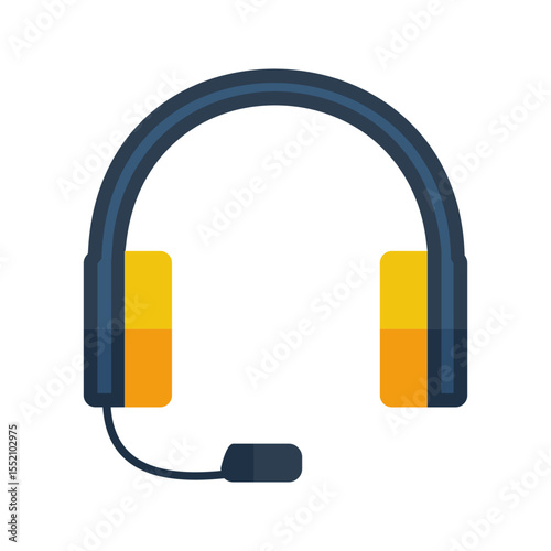 Illustration of a headset with a dark blue band and microphone with yellow and orange pads design