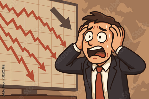 Stressed Businessman Panic Over Stock Market Crash. Financial Crisis Cartoon Concept. Worried Investor Sweating Watching Falling Graphs. Economic Recession, Loss, Bankruptcy, Downturn Illustration