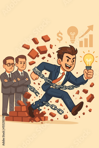 Businessman Breaking Chains Escaping Conformity Pursuing Innovation Creativity Leadership New Idea Concept Success Vision Growth Entrepreneurship Overcoming Barriers Vector Illustration