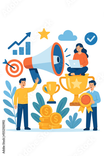 Marketing strategy concept vector illustration. Business promotion, brand awareness, reputation management. People with trophy, megaphone, coins, target, statistics, success, teamwork, achievement