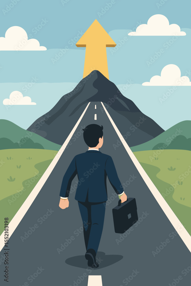 Businessman Walking Forward on Road to Success, Career Goals and Ambition, Mountain Peak Achievement, Leadership Vision and Motivation, Mission Driven Progress Vector Illustration Businessman Walking Forward on Road to Success, Career Goals and Ambition, Mountain Peak Achievement, Leadership Vision and Motivation, Mission Driven Progress Vector Illustration