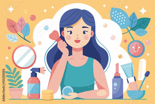 Skincare collection features girl happily removing makeup in a bright and colorful bathroom setting for a refreshing evening routine