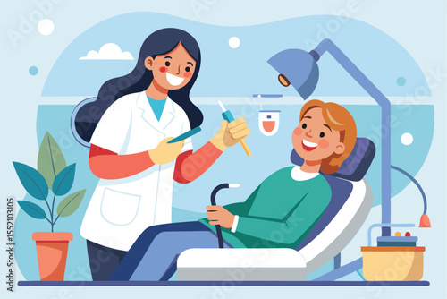 Woman dentist provides dental care with a drill to a smiling patient in a bright clinic environment