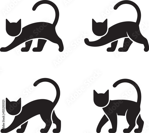 Cat Walk Cycle Vector Silhouettes. Quadruped Motion Sequence for Animal Animation and  Educational Content 