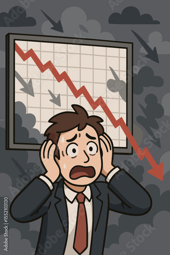 Financial crisis concept. Panicked investor and stressed businessman watches stock market chart plummet. Economic recession, bear market, investment risk, failure, loss, and despair. Vector.